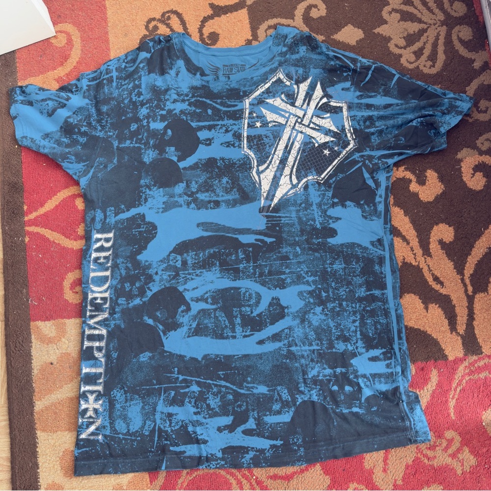 Y2K Redemption Tattoo Tee – Blue Cross Graphic Shirt ✧ Affliction Grunge